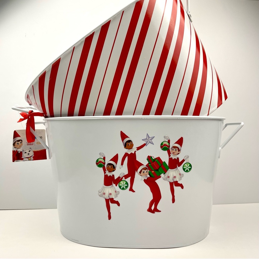 Elf on the Shelf Christmas Metal Basket 2 Piece Set Red White Storage Containers